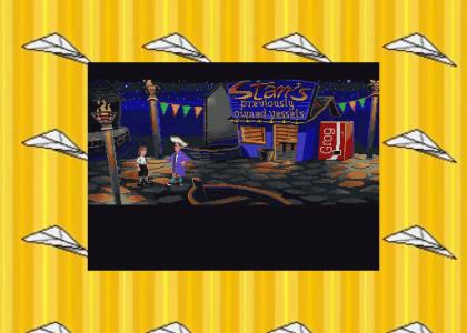 Stan sells the paper airplane to Guybrush Stan sells the paper airplane to Guybrush