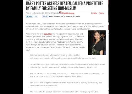 Harry Potter actress beaten, called a prostitute by family for seeing non-muslim