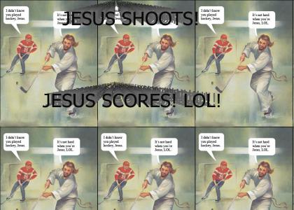 Jesus plays hockey!  LOL!