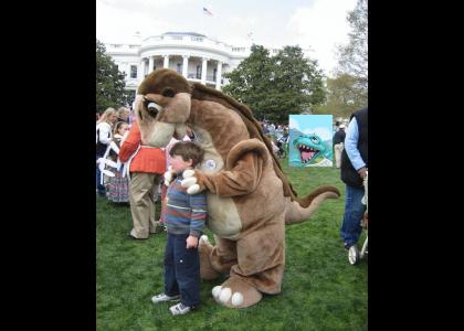 Prehistoric Dinosaur on the lawn of the White House watching Littlefoot rape a little boy