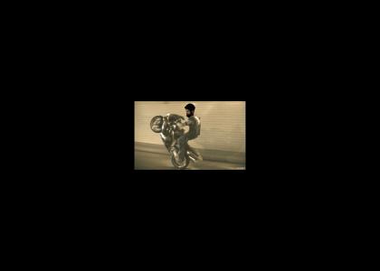 Leonidas rides a motorcycle