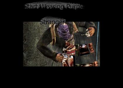 Merchant From Resident Evil 4 Tells you to wear purple!