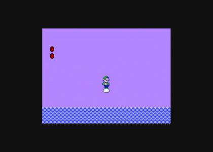 Luigi floating on an egg over a sea