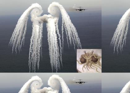Flying spaghetti monster speaks through airplane flares!