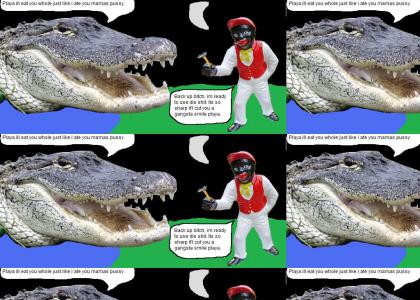 Greezy47 fends off a giant gator with his freshly sharpened disposable razor.