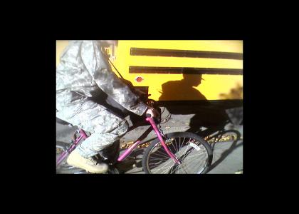 Army guy on a pink bike