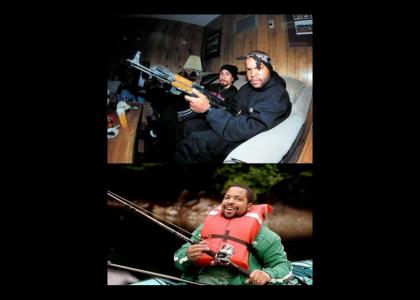 Ice Cube fishing while wearing a life jacket.