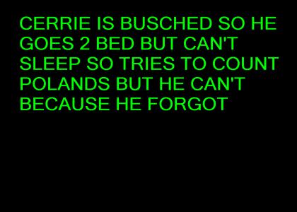 CERRIE IS BUSCHED SO HE GOES 2 BED BUT CAN'T SLEEP SO TRIES TO COUNT POLANDS BUT HE CAN'T BECAUSE HE FORGOT