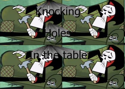 Grim knocks holes in the table