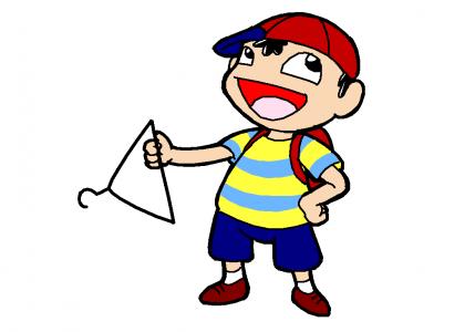 Ness from Earthbound holding a coat hanger