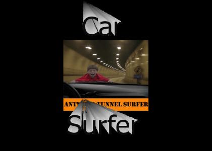 Kid car-surfs through tunnel