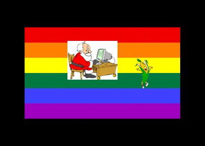 Santabot and Fagman party in front of a San Francisco Gay flag!!!