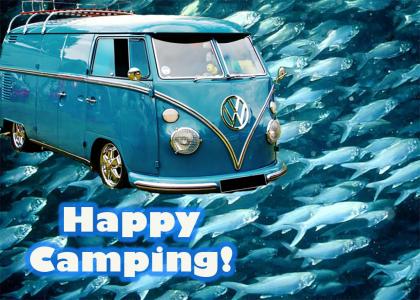 blue volkswagen swimming with fish
