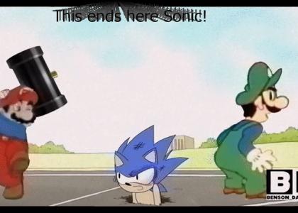 Mario hits Sonic with a Hammer