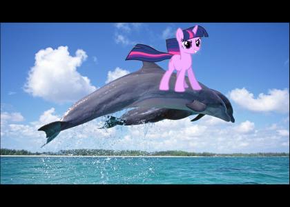 It's Twilight Sparkle riding a dolphin!