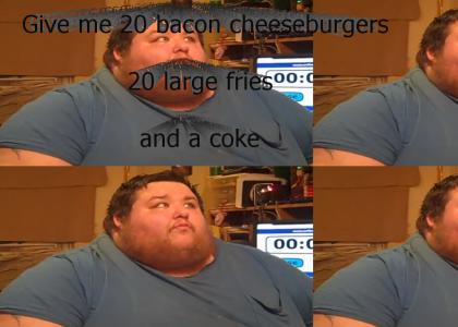 Give me 20 bacon cheeseburgers, 20 large fries, and a coke