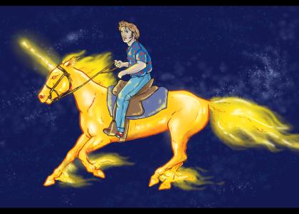 Nick Cage On A Flaming Unicorn