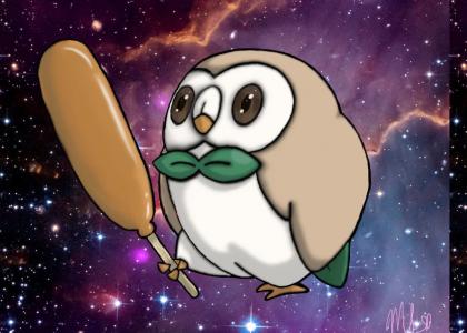 Rowlet with corndog in space